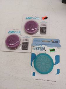 lot 12791 image: Mason Jar Lid Set - Jarware Grape Lids and Blossom Sipping Cap