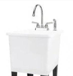 lot 12830 image: Incomplete Thermoplastic Freestanding Utility Sink with Chrome Faucet and Side Sprayer