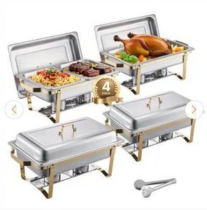 lot 12831 image: Stainless Steel Chafing Dish Buffet Set 4-Pack with Gold Accents