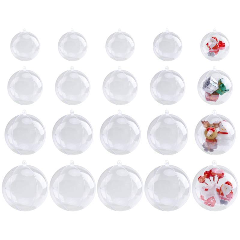 lot 56391 image: 20 Pack Clear Plastic Fillable Ornament Ball for Christmas, Holiday, Wedding, Party, Home Decor 4 Sizes (50607080mm) - Retail $8