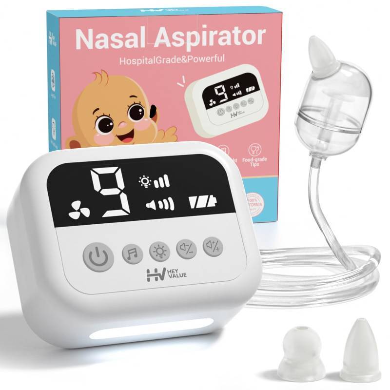 lot 56392 image: Nasal Aspirator for Baby, Hospital Grade Nose Sucker with 9 Levels Suction, Night Light and Nursery Rhyme Soothing Function, Electric Nose Suction for Baby with Food-Grade Silicone Tips - Retail $55