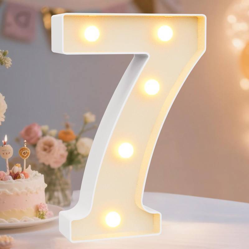 lot 56400 image: Decorative LED Light Up Number Letters, White Plastic Marquee Number Lights Sign Party Wedding Decor Battery Operated (7) - Retail $10