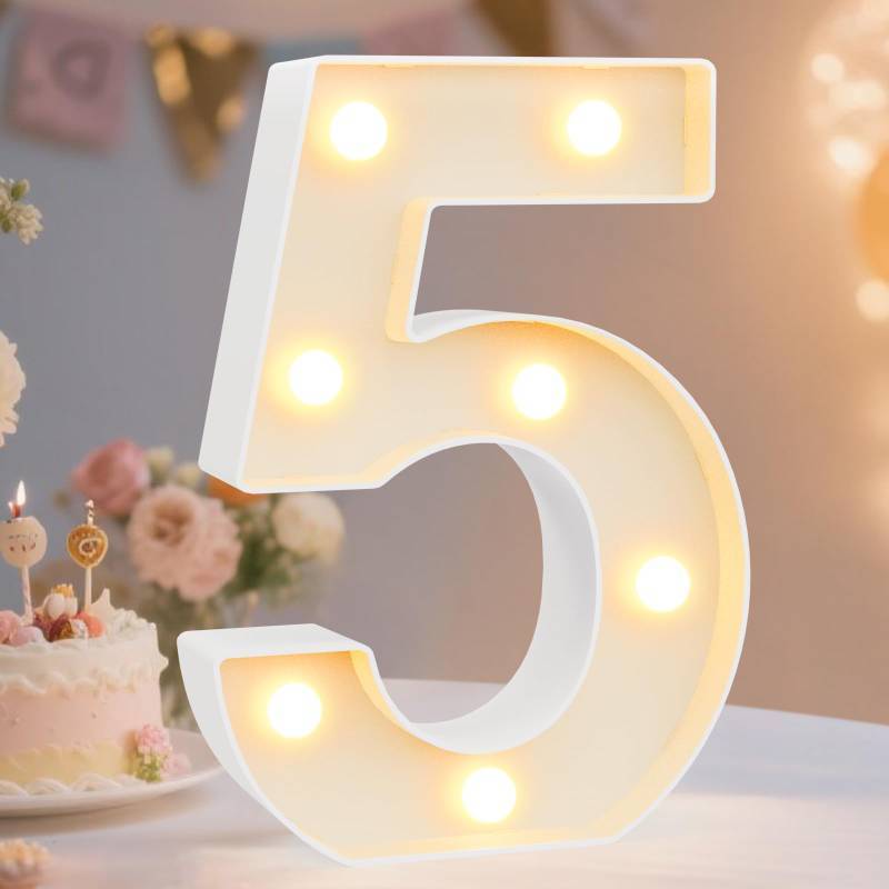 lot 56401 image: Decorative LED Light Up Number Letters, White Plastic Marquee Lights Sign Party Wedding Decor, Battery Operated (5) - Retail $10