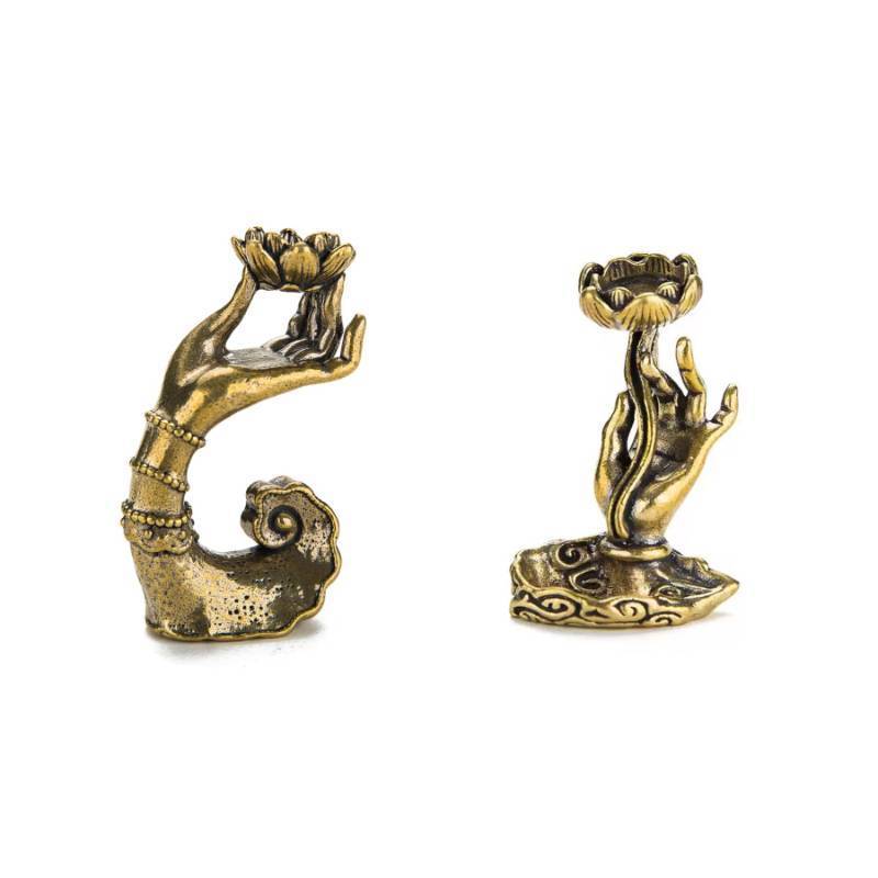 lot 56405 image: 2pcs Lotus in Hand Backflow Incense Burner, Vintage Brass Waterfall Incense Holder, Incense Waterfall Fountain for Zen Decor - Retail $13