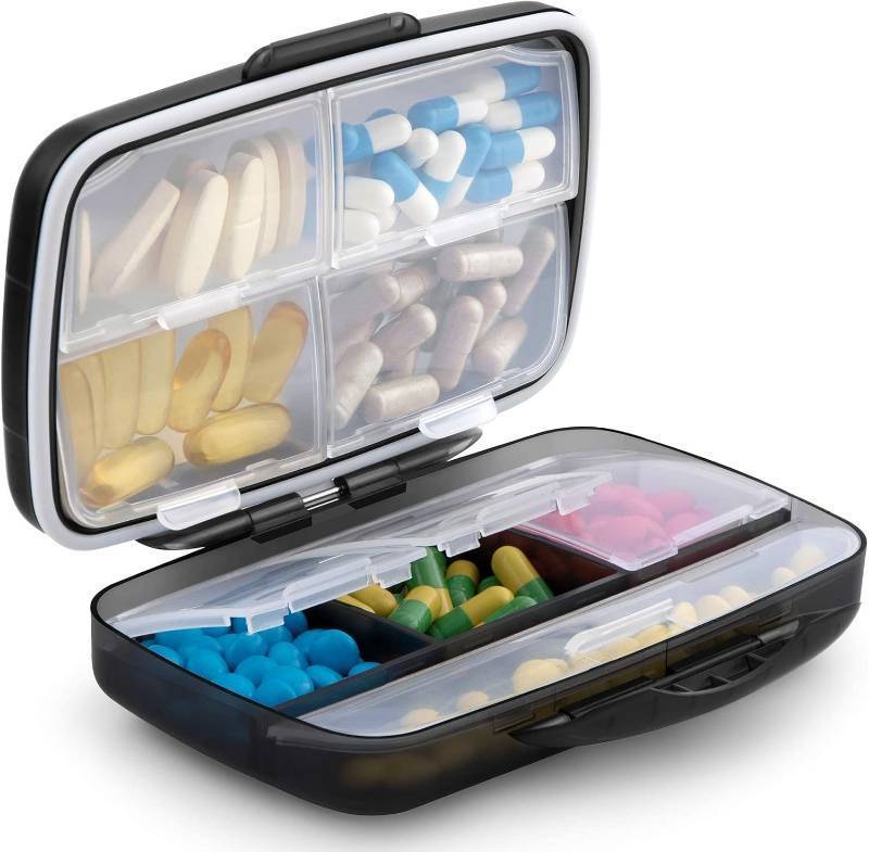 lot 56427 image: Travel Pill Organizer Large Portable Medication Oversize 8 Compartment Pill Box, Vitamin Travel Case Pill Holder - Airtight & Moisture Proof (Black) - Retail $14