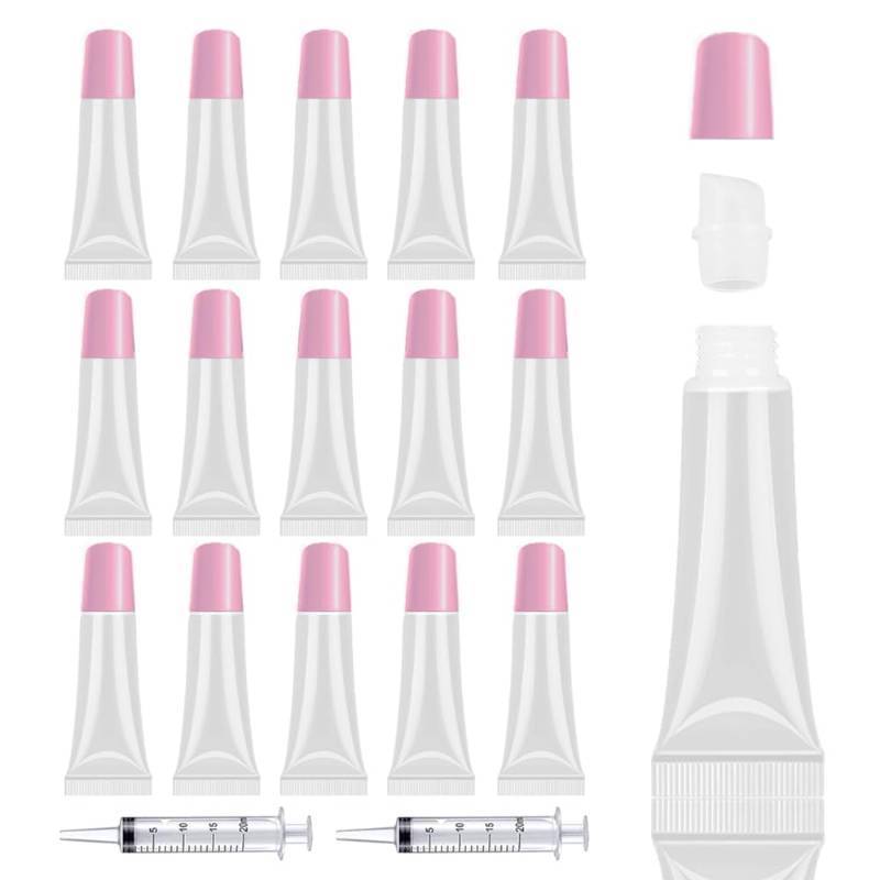 lot 56432 image: AMORIX 8PCS Lip Gloss Tubes Empty 10ml Pink Cap Lip Gloss Containers Lip Balm Tubes Cute Squeeze Tubes Lip Gloss Making Supplies  1x 20ml Syringes Tag Labels for Lip Gloss Base - Retail $10