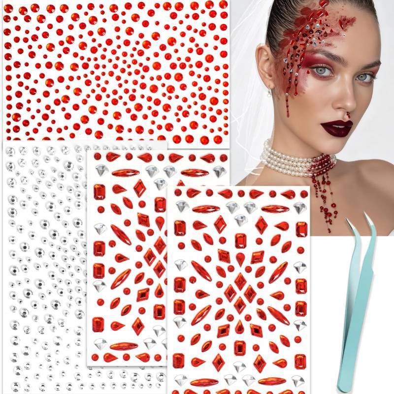 lot 56433 image: Red Face Gems Vampire Accessories Halloween Makeup, Face Glitter Zombie Makeup Halloween Blood Face Jewels, Face Tattoos Self-Adhesive Gems for Women, Rave Accessories for Eyes Body - Retail $7