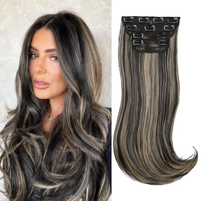 lot 56468 image: Black Mix Blonde Long Straight Layered Hair Extensions Soft Synthetic Clip in Hair Extensions Clip ins for Women - Retail $23