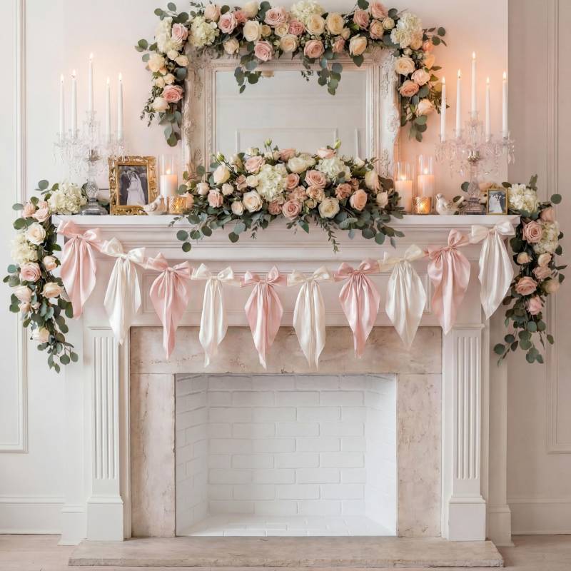 lot 62355 image: 1 PCS White Pink Bow Garland Banner, Satin Ribbon Hanging Party Bow Garland Decoration for Birthday Baby Shower Wedding Party Supplies - Retail $24