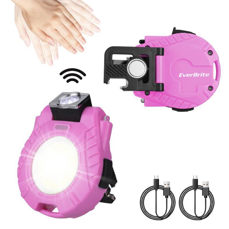 lot 62359 image: EverBrite 2 Pack COB Keychain Work Light, Mini Rechargeable Magnetic Keychain Light, Sensor Mode, Multifunctional Small Keychain Flashlights, Portable, Waterproof, for Camping, Hiking, 6 Modes, Pink - Retail $15