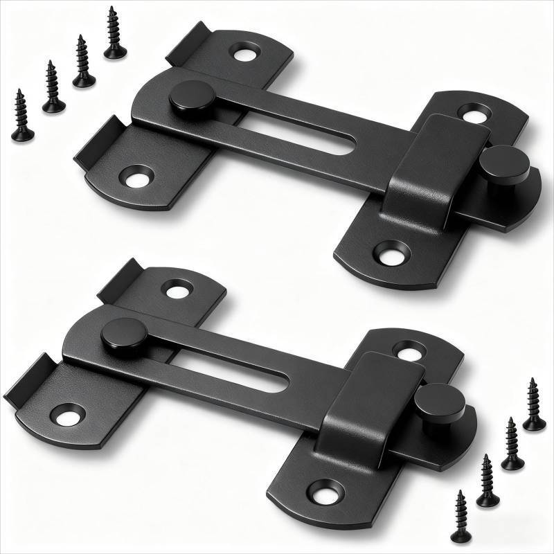 lot 62377 image: 2 Pack Black Barn Door Lock, Premium 4-Inch Sliding Barn Door Latch with Easy Installation, Rust & Scratch-Resistant, Door Latches Hardware for Barn, Bathroom, Garage, Cabinet - Retail $5