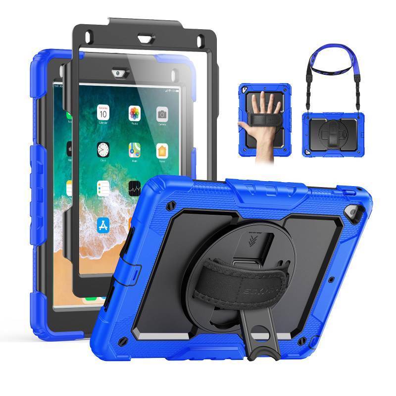 lot 62381 image: Case for iPad 6th5th Generation 9.7 Inch, Full-Body Shockproof Heavy Duty Protective Case with Screen Protector, Rotating StandHandShoulder Strap for iPad Air 2 Pro 9.7, Blue - Retail $30