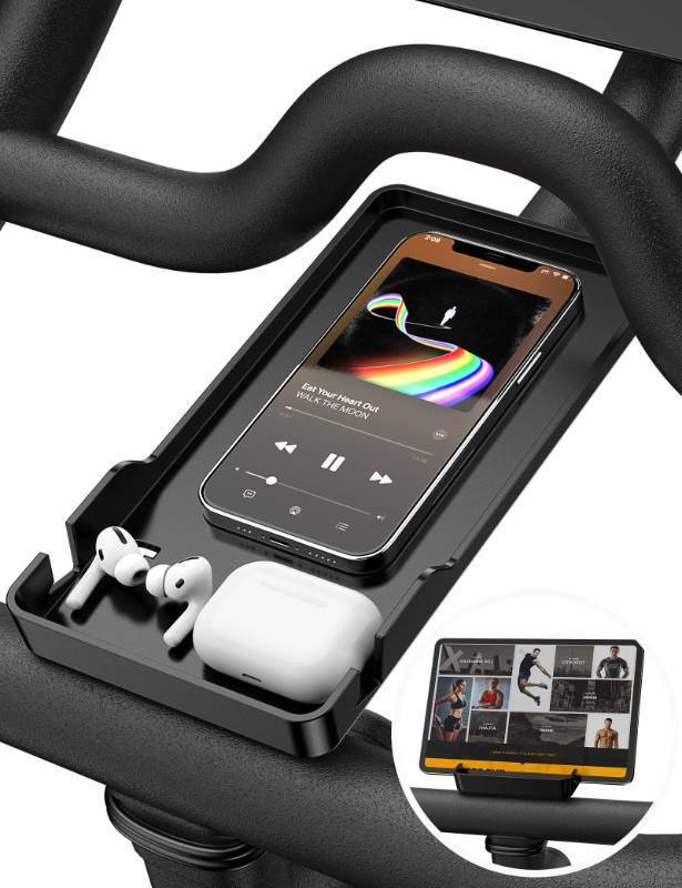 lot 62393 image: Phone Holder for Peloton Bike & Peloton Bike , Peloton Bike Accessories, Built-in Anti-Slip Silicone mat Mount Tray, Peloton Phone Holder for iPhone, iPad - Easy Installation - Retail $13