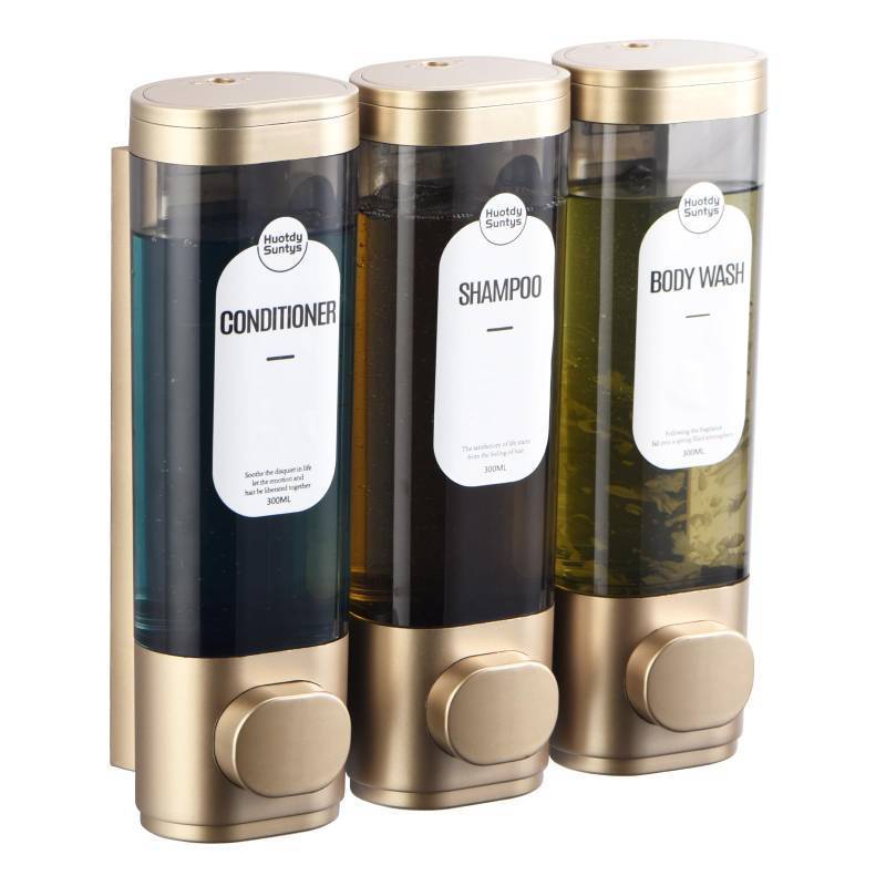 lot 62416 image: Shampoo and Conditioner Dispenser, Refillable Shower Soap Dispensers 3 Chamber No Drill Shampoo Dispenser for Shower Wall Mounted 3  300ml Container for Bathroom Hotel (Bronze Gold 3 Chamber), no lid - Retail $19
