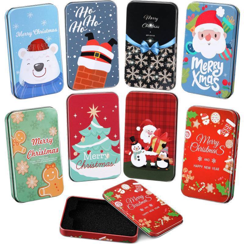 lot 62448 image: 8 Pcs Christmas Gift Card Holders 4.33 x 2.6 Inch Metal Tins Boxes Card Holder Tins Boxes Assorted Containers Xmas Party Favor - Retail $20