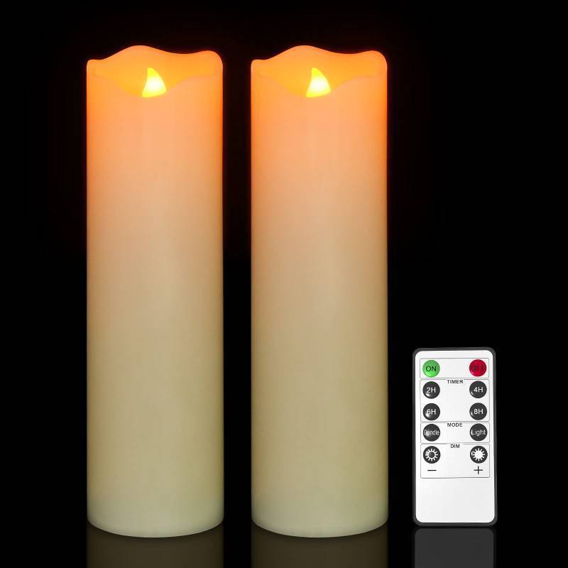 lot 62475 image: 10 x 3 Flickering Flameless Candles with Remote and Timers, Battery Operated Real Wax LED Pillar Candles - Set of 2, for Home Decor, Candle Sconces - Retail $35