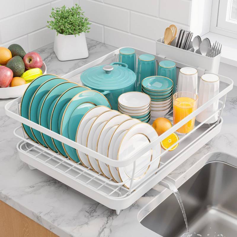 lot 62480 image: Stainless Steel Dish Drying Rack for Kitchen Counter, Sink Organization and Storage Essentials with Silverware & Utensil Holder, Home and Apartment Decor, 12W x 15.5L, White - Retail $28