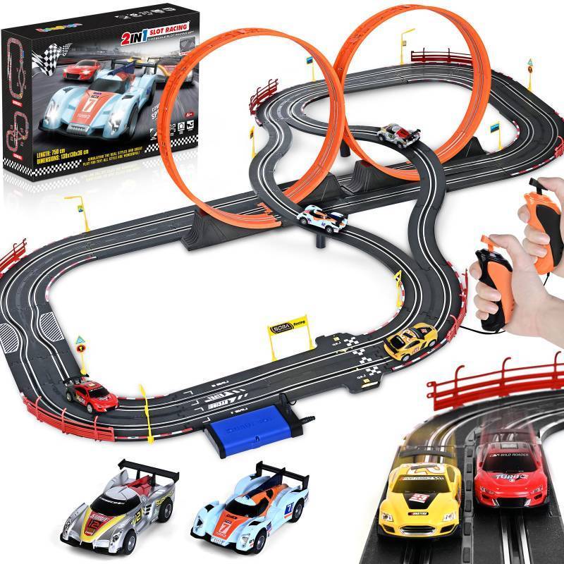 lot 62490 image: Boy Toys Gifts for 6 7 8-12 Years Old, Slot Car Race Track Sets with 4 Slot Cars, Battery or Electric Car Track for Boys, Dual Racing Game Lap Counter Circular Overpass Track Gifts for Kids - Retail $46