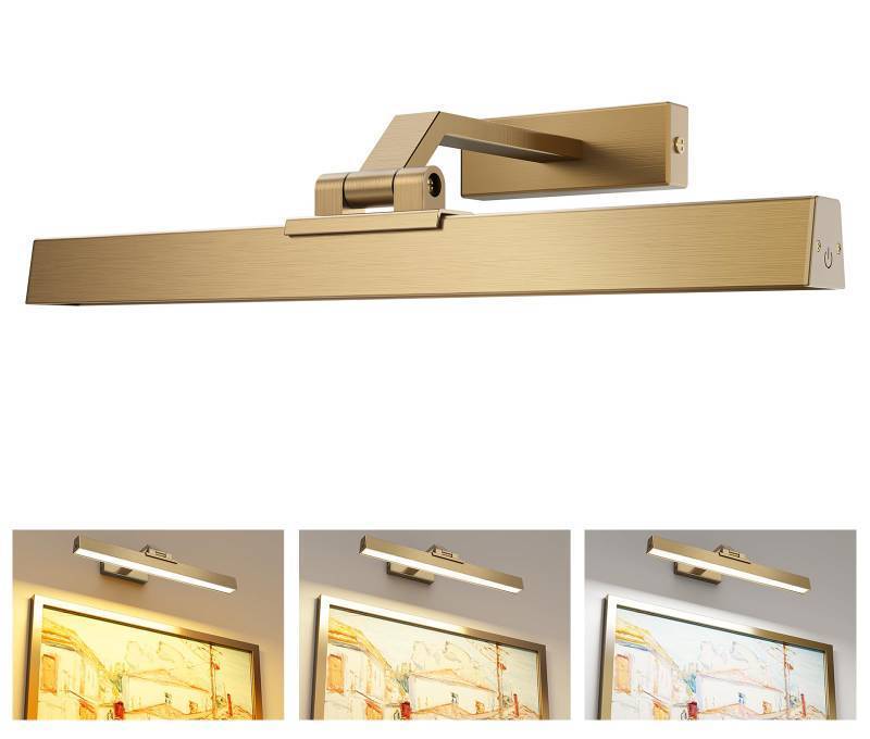 lot 62496 image: Picture Lights for Wall, Brass Battery Operated Picture Light 16in Art Light CCT Dimmable Recharging Battery Wall Light with Remote Control for Living Room Gallery - Retail $46