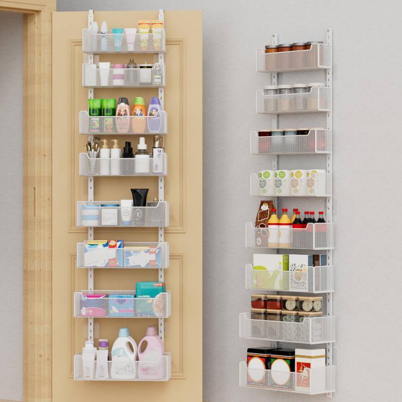 lot 62501 image: Over The Door Organizer, 8-tier Metal Door Organizer Hanging with Adjustable Baskets, Behind The Door Storage for Bedroom Closet Bathroom Pantry Cabinet Kitchen, White - Retail $50