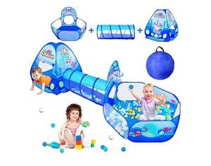 lot 45923 image: 3 in 1 Kids Play Tent with Tunnel, Ball Pit, Basketball Hoop for Boys & Girls, Toddler Pop Up Playhouse Toy Baby IndoorOutdoor, Gift Year Old Child (no ball) - Retail $42