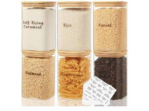 lot 45949 image: 6 Pcs Square Glass Pantry Storage Containers with Bamboo Airtight Lid and 248 Clear Pantry Labels Preprinted - 37oz Thicken Glass Food Storage Jars - Retail $26