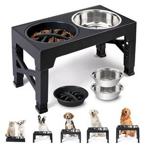 lot 45958 image: Elevated Dog Bowls - 5 Adjustable Heights Stand, 2 Stainless Steel Bowls & 1 Slow Feeder, 3.2 to 12.2 for Small to Large Dogs - Retail $25