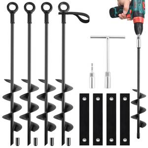 lot 45965 image: 18-Inch Ground Anchors Screw In Heavy Duty, 4 Pack Trampoline Anchors & Stakes High Wind With Wrenches And Straps, Earth Anchors Kit For Swing Sets, Sheds, Camping Tent, Canopies, Mobile Home - Retail $28