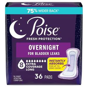 lot 45975 image: Poise Overnight Incontinence & Postpartum Pads for Bladder Leaks, 8 Drop Extra Coverage, 36 Count - Retail $24