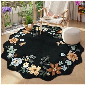 lot 45976 image: Floral Washable Round Rugs, Non-Slip Soft Round Rug 4ft Ultra-Thin, Small Boho Circle Carpet for Entryway Kitchen Bedroom Nursery Bathroom Flore, BlackGrey - Retail $37