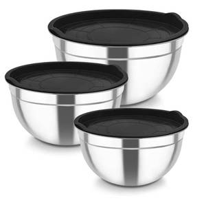lot 45979 image: Mixing Bowls, Stainless Steel Nesting Salad Bowls with Airtight Lids Set, For ServingMixingStoring, Healthy & Long-lasting, Dishwasher Safe & Easy Clean, 4.63  1.5 QT, Black - Retail $21