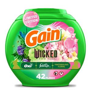 lot 2604 image: Gain Flings Wicked For Good Limited Edition Laundry Detergent Pacs, 42 Count, Fantabulous Floral Scent, 3 in 1 HE Detergent Pacs with Oxi Boost and Febreeze - Retail $10