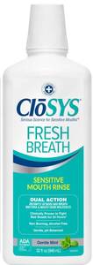 lot 2643 image: CloSYS Mouthwash, 32 Ounce Fresh Breath Mouthwash, Gentle Mint, Alcohol Free, Dye Free, pH Balanced Mouth Wash, Helps Soothe Entire Mouth, Fights Bad Breath - Retail $12