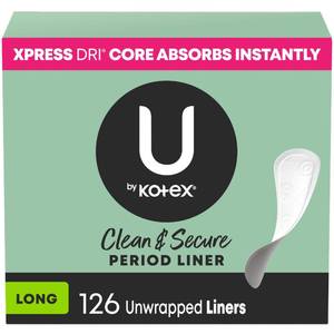 lot 2647 image: U by Kotex Panty Liners, Clean & Secure, Light Absorbency, Long Length, 126 Count - Retail $12