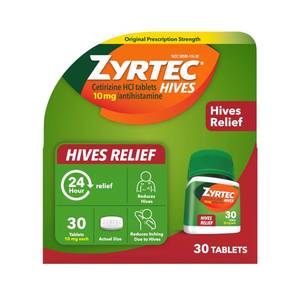 lot 2651 image: Zyrtec 24 Hour Hives Relief Tablets, 10 mg Cetirizine HCl Tablets to Help Reduce Hives & Reduce Itching Due to Hives, Antihistamine Tablets for Itch Relief & Treatment of Urticaria, 30 ct - Retail $18