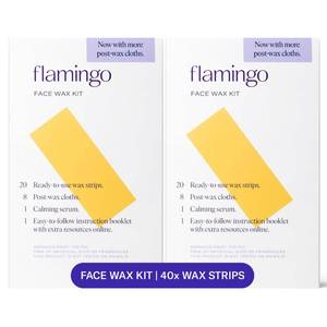 lot 2655 image: Flamingo Women Face Waxing Kit, Facial Waxing Kit with 20 Wax Strips for Face, 8 Post-Wax Cloths, and 1 Post-Wax Serum, Pack of 2 - Retail $16