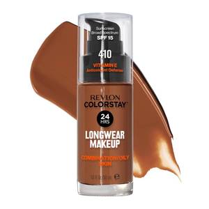 lot 2667 image: Revlon Liquid Foundation, ColorStay Face Makeup for Combination & Oily Skin, SPF 15, Medium-Full Coverage with Matte Finish, Cappuccino (410), 1.0 Oz - Retail $11