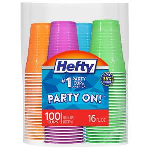 lot 2740 image: Hefty Party On Disposable Plastic Cups, Assorted, 16 Ounce, 100 Count - Retail $10