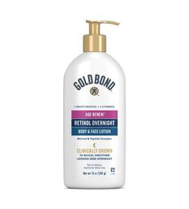 lot 2767 image: Gold Bond Age Renew Retinol Overnight Body & Face Lotion, 13 Oz, Anti-Aging Moisturizer for Visibly Plumper, Smoother Skin, 24-HR Hydration, Non-Irritating, Non-Greasy, Dermatologist-Tested, Unscented - Retail $19