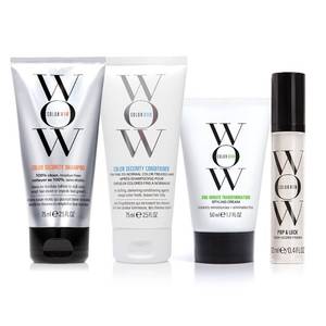 lot 2791 image: COLOR WOW Quick Frizz Fixes Travel Kit Includes Shampoo, Conditioner, One Minute Transformation Styling Cream, Pop &amp Lock Frizz Control and Glossing Serum, The ultimate in frizz control. - Retail $44