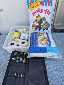 lot 115 image: Craft Supply Bundle with Knitting Needles Thread and Poly-fil Stuffing