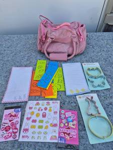 lot 119 image: Pink Suede Leather Handbag with Craft Supplies Bundle