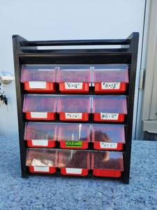 lot 166 image: Metal Parts Organizer with Red Storage Bins