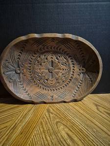 lot 184 image: Hand Carved Wooden Bowl with Traditional Folk Pattern