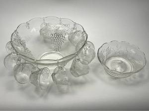 lot 214 image: Glass Grape Pattern Punch Bowl Set with Cups