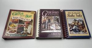 lot 254 image: Set of 3 Spiral Bound Cookbooks - Gifts from a Jar, Gracious Goodness Charleston, Old Fashioned Bake Sale