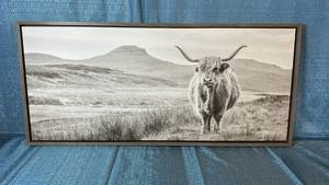 lot 2059 image: Black & White Highland Cow Canvas Wall Art 40x18.