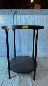 lot 2183 image: Black Wood & Metal Round Table 22 12 H x18 in Diameter.