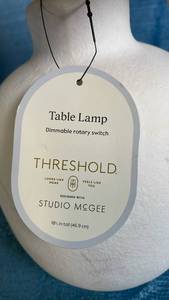 lot 3019 image: Threshold Studio McGee Ceramic Table Lamp with Woven Basket Shade