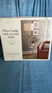 lot 3072 image: Threshold Floor Lamp with Accent Table Brass Finish White Shade